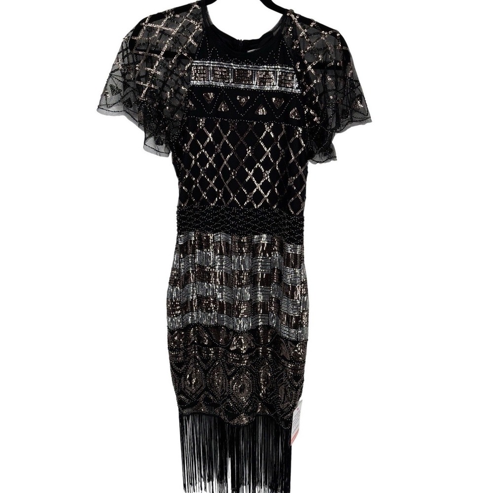Unique Vintage Black Sequin Fringe Cocktail Dress Art Deco M